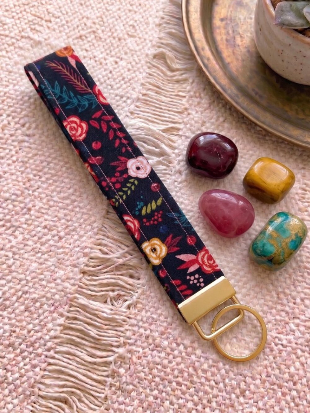 New Handmade Dark Floral Rose Botanical Black Fabric Key Fob Wristlet Keychain